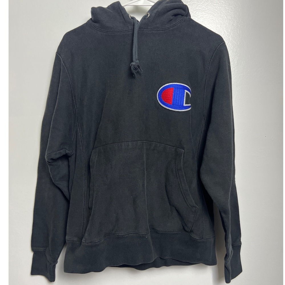 Champion Reverse Weave Hoodie Black Big C Chenille Patch Mens S Retro Embroidery